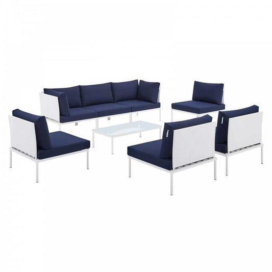 Harmony 8-Piece Sunbrella Outdoor Patio Aluminum Sectional Sofa Set, White Navy, EEI-4940-WHI-NAV-SET