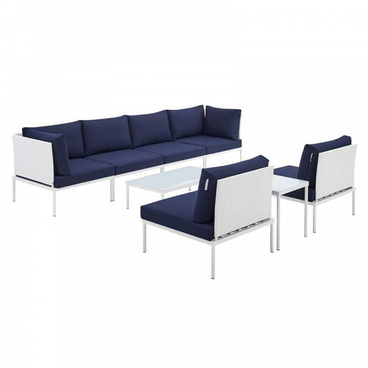 Harmony 8-Piece Sunbrella Outdoor Patio Aluminum Sectional Sofa Set, White Navy, EEI-4944-WHI-NAV-SET