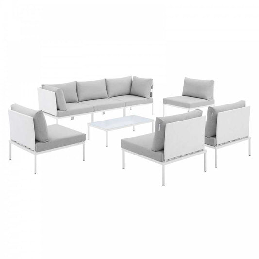 Harmony 8-Piece Sunbrella Outdoor Patio Aluminum Sectional Sofa Set, White Gray, EEI-4940-WHI-GRY-SET