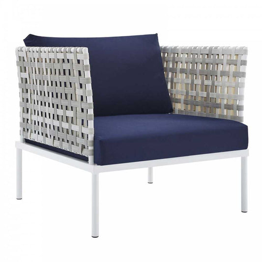 Harmony Sunbrella Basket Weave Outdoor Patio Aluminum Armchair, Taupe Navy
