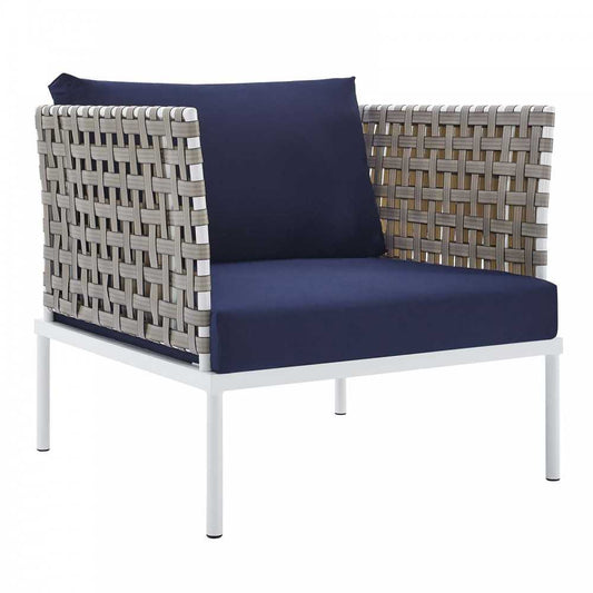 Harmony Sunbrella Basket Weave Outdoor Patio Aluminum Armchair, Tan Navy