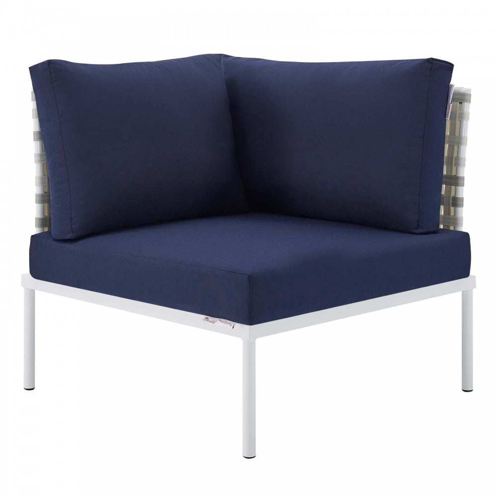 Harmony Sunbrella Basket Weave Outdoor Patio Aluminum Corner Chair, Taupe Navy