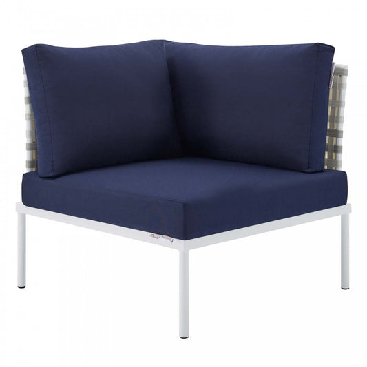 Harmony Sunbrella Basket Weave Outdoor Patio Aluminum Corner Chair, Taupe Navy