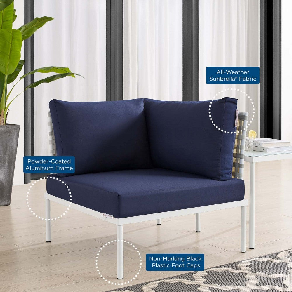 Harmony Sunbrella Basket Weave Outdoor Patio Aluminum Corner Chair, Taupe Navy