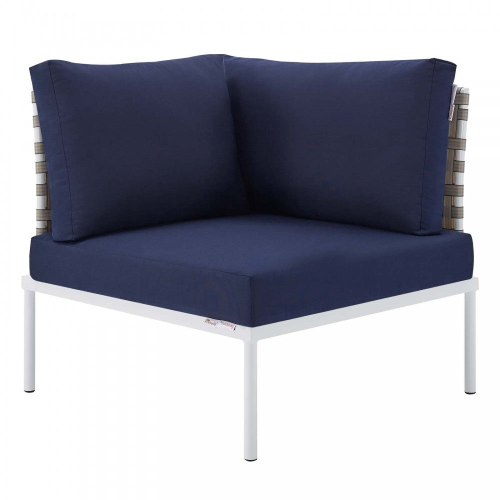 Harmony Sunbrella Basket Weave Outdoor Patio Aluminum Corner Chair, Tan Navy