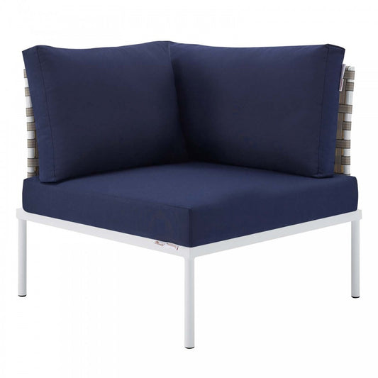 Harmony Sunbrella Basket Weave Outdoor Patio Aluminum Corner Chair, Tan Navy