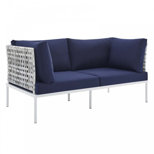 Harmony Sunbrella Basket Weave Outdoor Patio Aluminum Loveseat, Taupe Navy