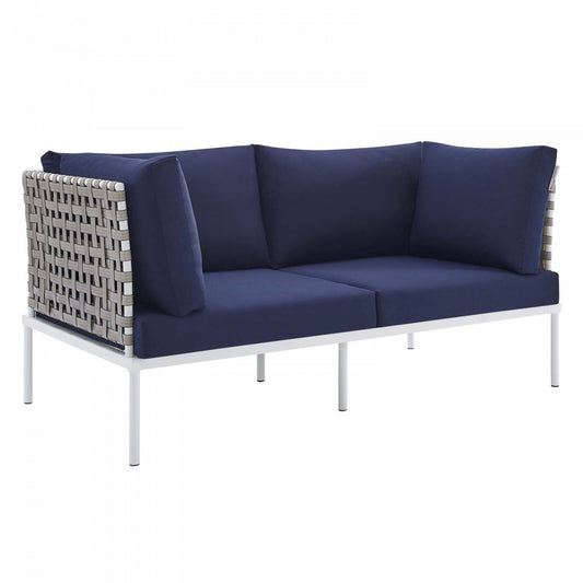 Harmony Sunbrella Basket Weave Outdoor Patio Aluminum Loveseat, Tan Navy