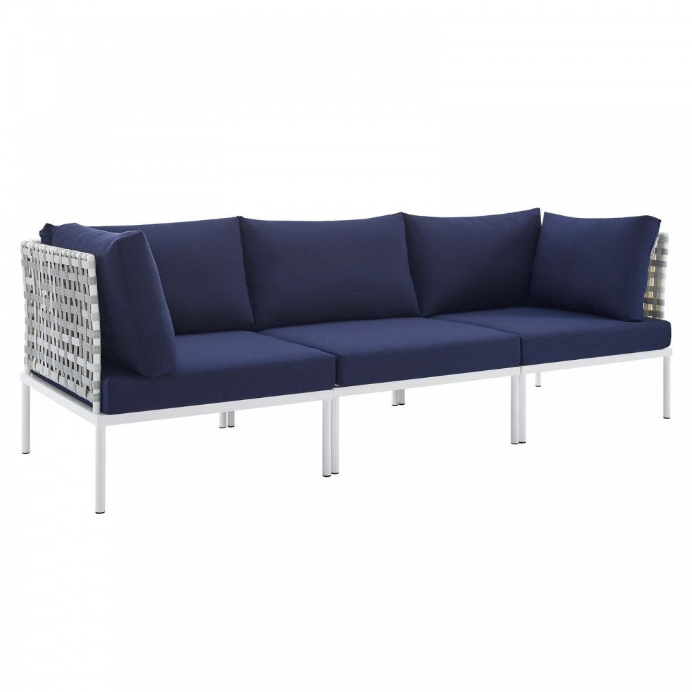 Harmony Sunbrella Basket Weave Outdoor Patio Aluminum Sofa, Taupe Navy