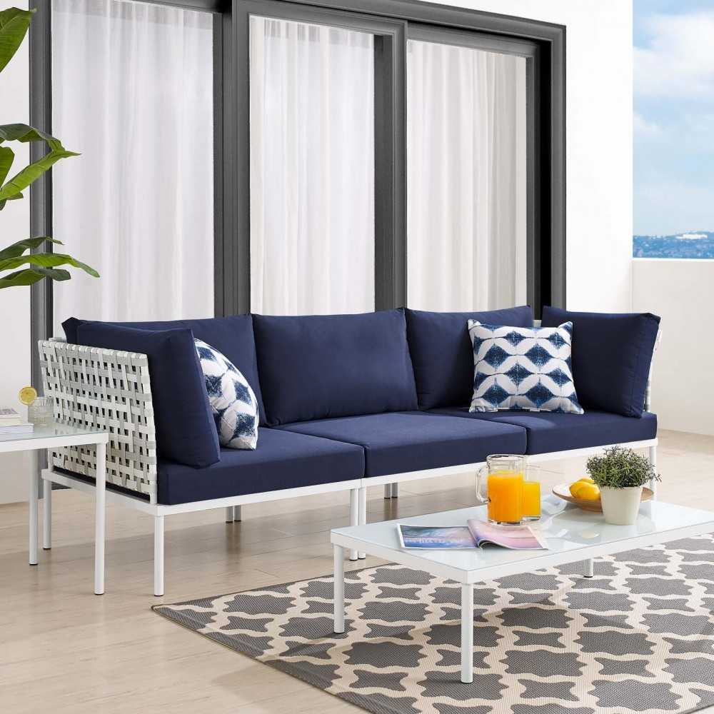 Harmony Sunbrella Basket Weave Outdoor Patio Aluminum Sofa, Taupe Navy