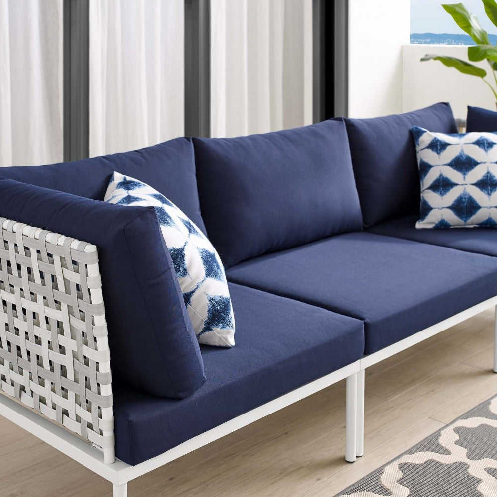 Harmony Sunbrella Basket Weave Outdoor Patio Aluminum Sofa, Taupe Navy