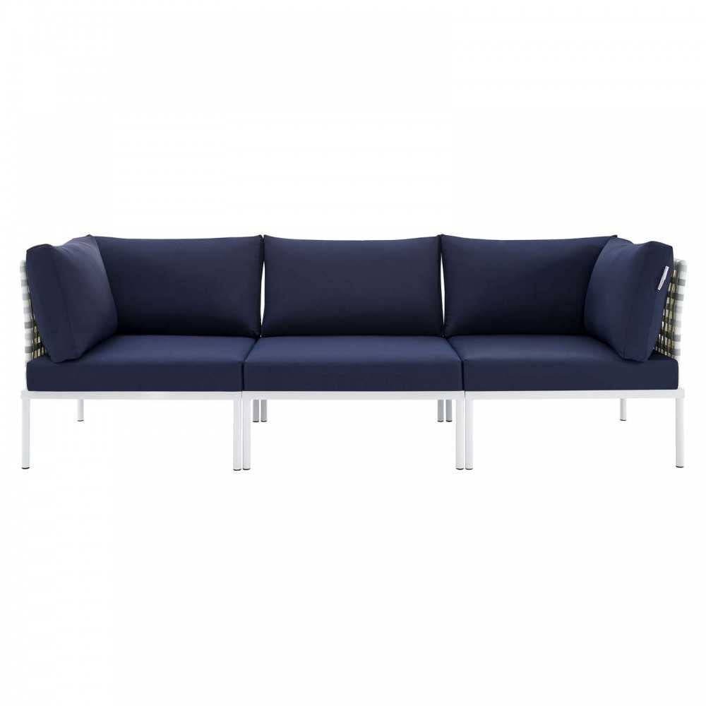 Harmony Sunbrella Basket Weave Outdoor Patio Aluminum Sofa, Taupe Navy