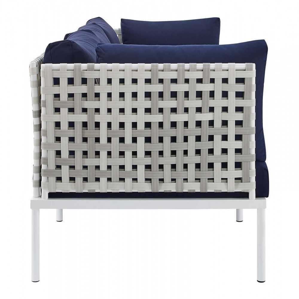 Harmony Sunbrella Basket Weave Outdoor Patio Aluminum Sofa, Taupe Navy