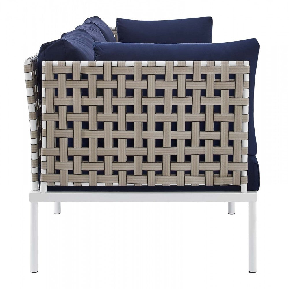 Harmony Sunbrella Basket Weave Outdoor Patio Aluminum Sofa, Tan Navy