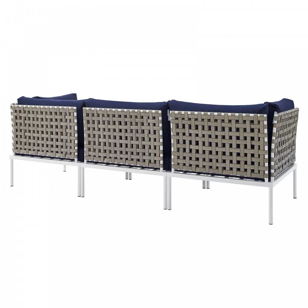 Harmony Sunbrella Basket Weave Outdoor Patio Aluminum Sofa, Tan Navy