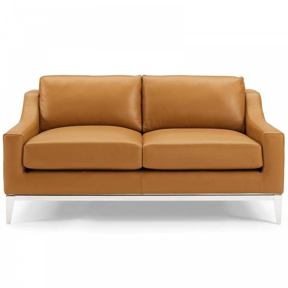 Harness 64" Stainless Steel Base Leather Loveseat, Tan