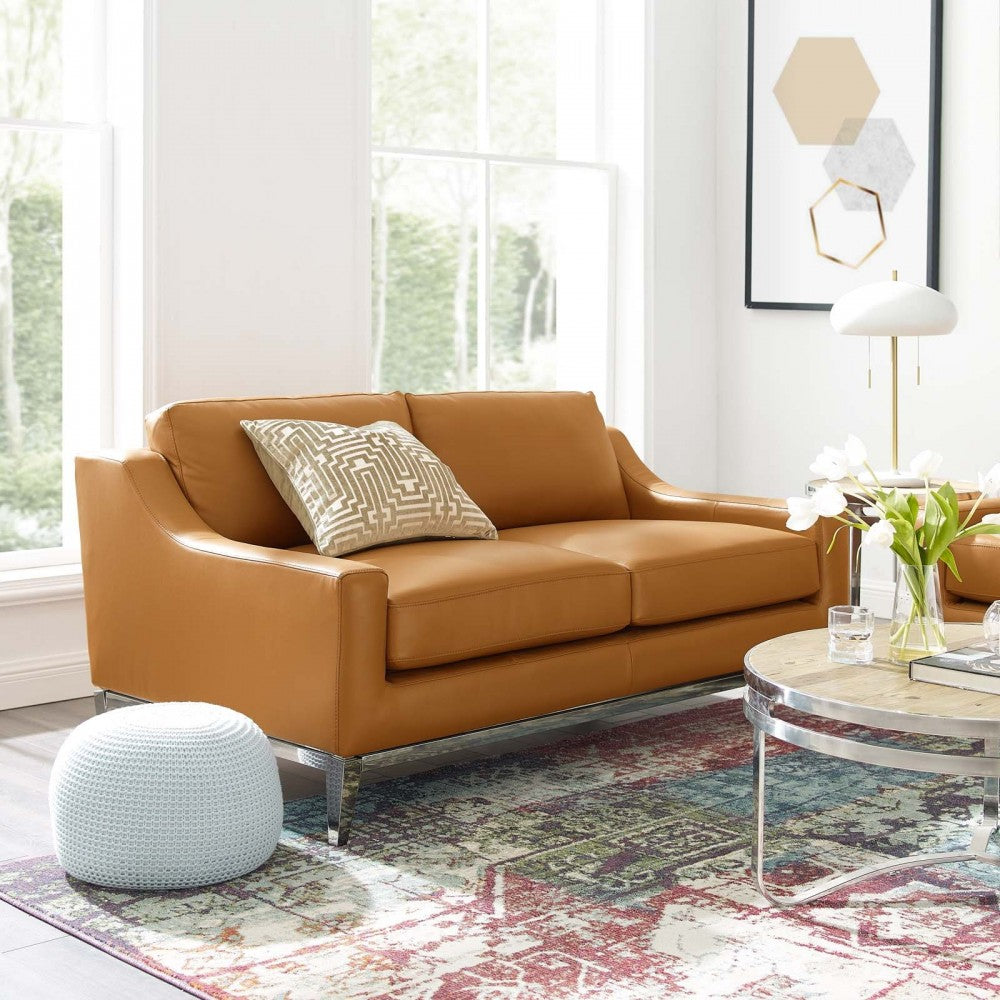 Harness 64" Stainless Steel Base Leather Loveseat, Tan