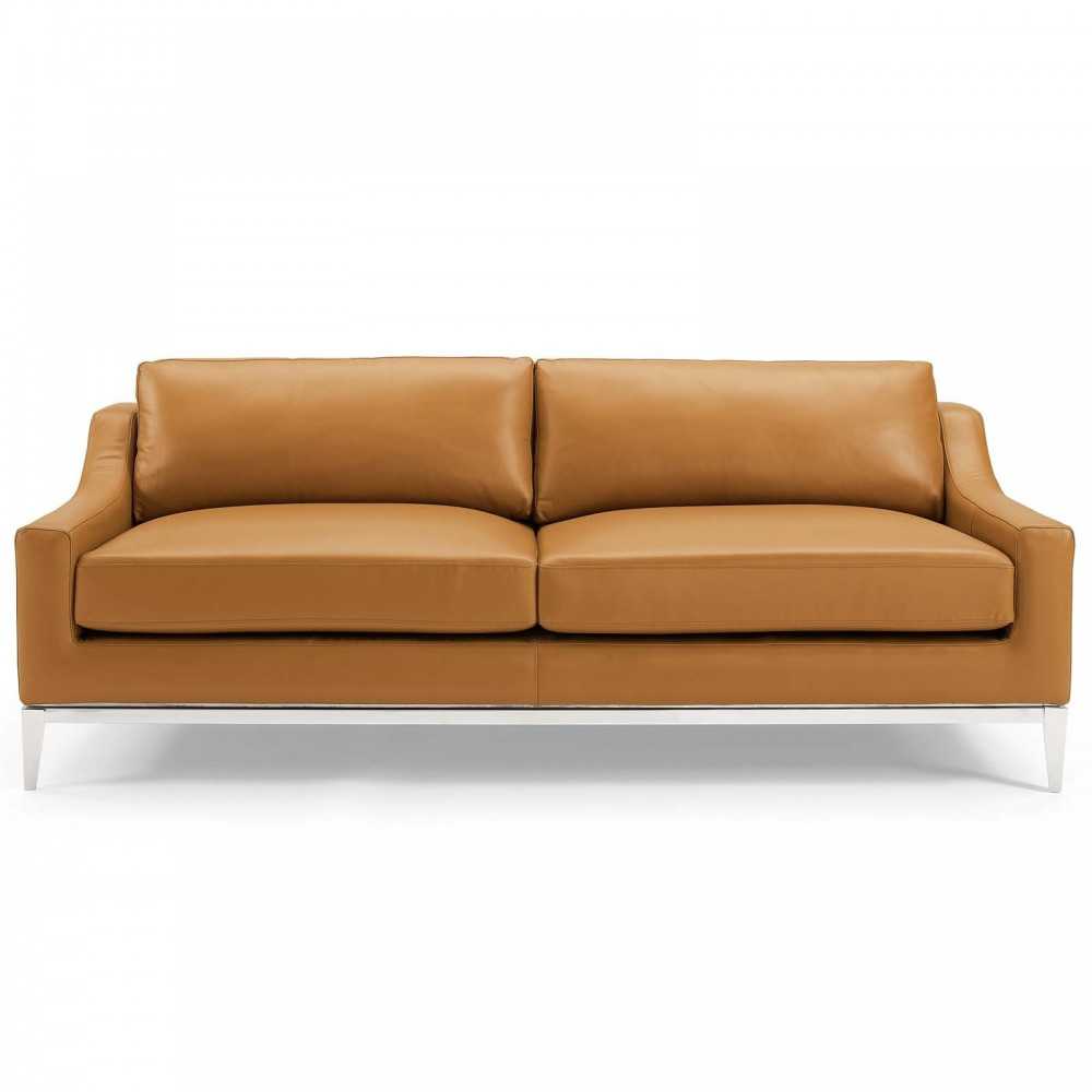 Harness 83.5" Stainless Steel Base Leather Sofa, Tan
