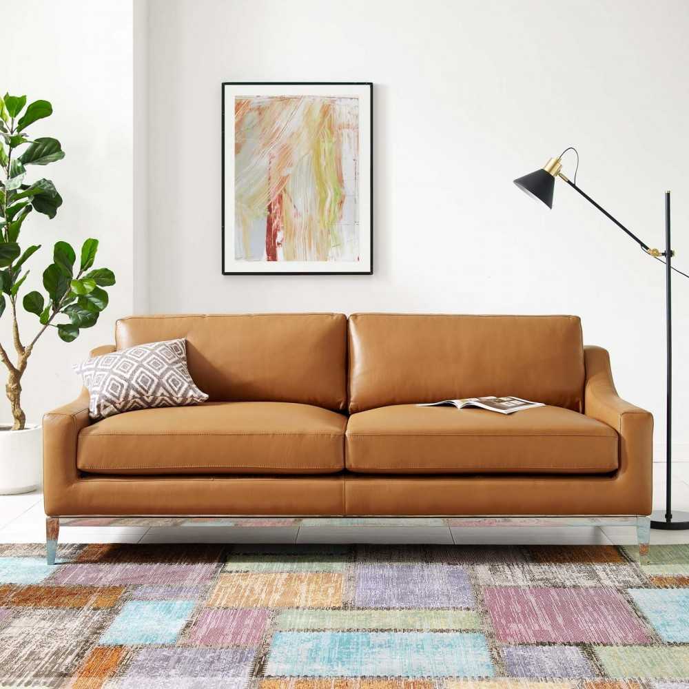 Harness 83.5" Stainless Steel Base Leather Sofa, Tan