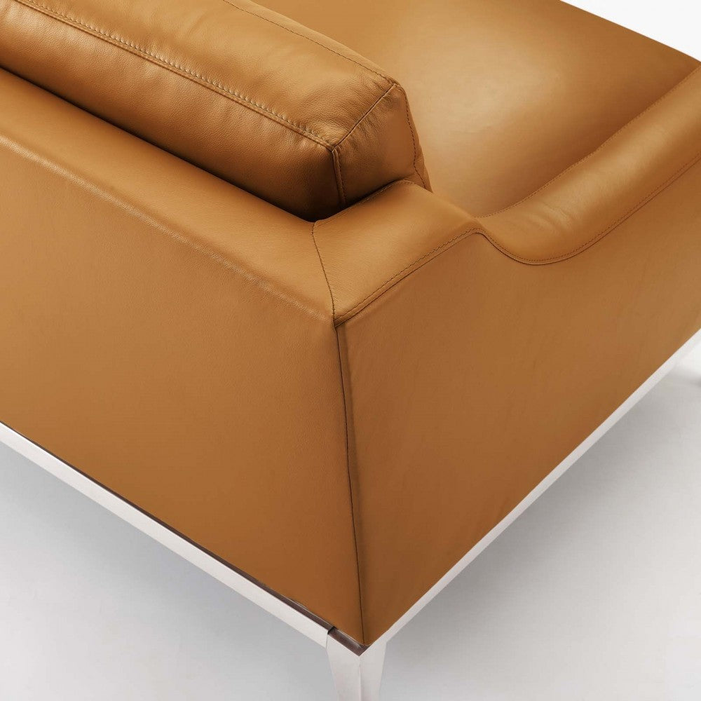 Harness 83.5" Stainless Steel Base Leather Sofa, Tan