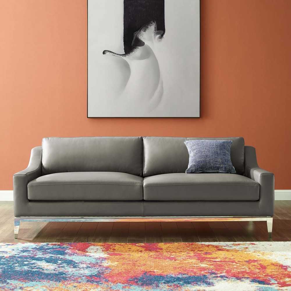 Harness 83.5" Stainless Steel Base Leather Sofa, Gray
