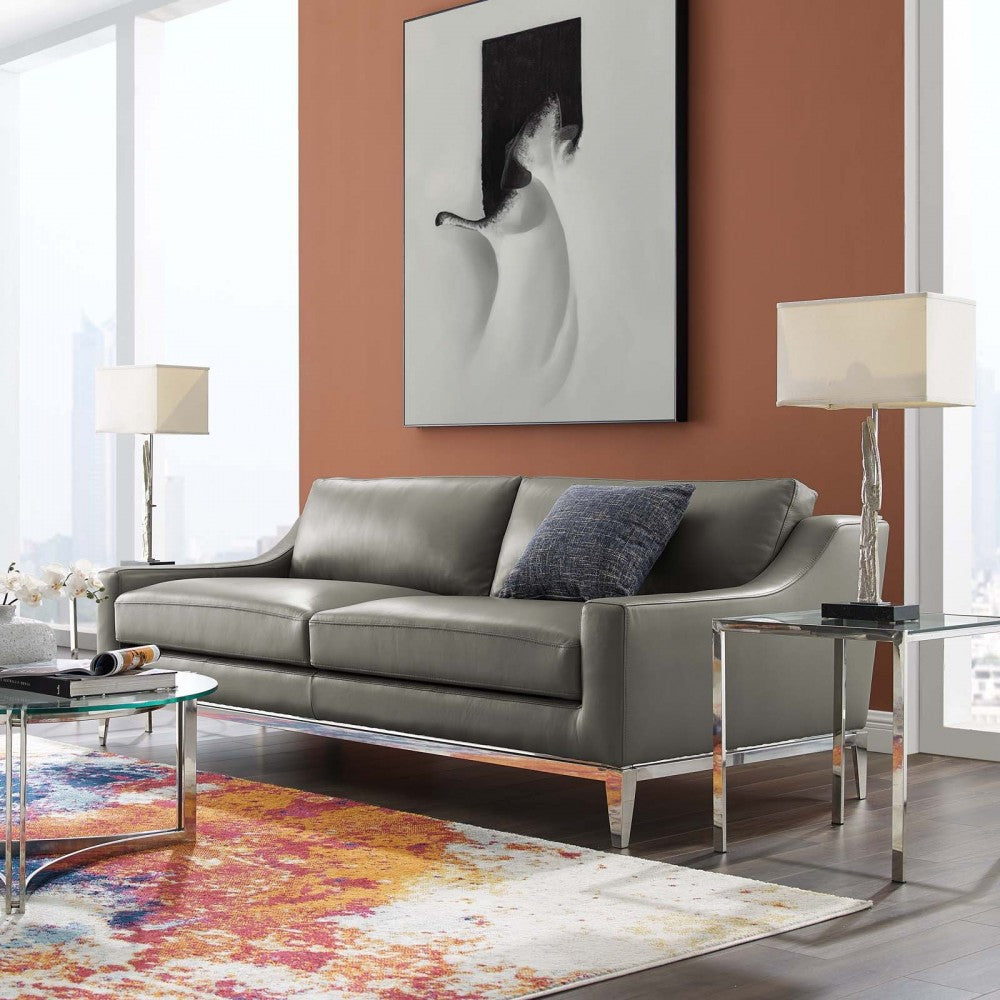 Harness 83.5" Stainless Steel Base Leather Sofa, Gray