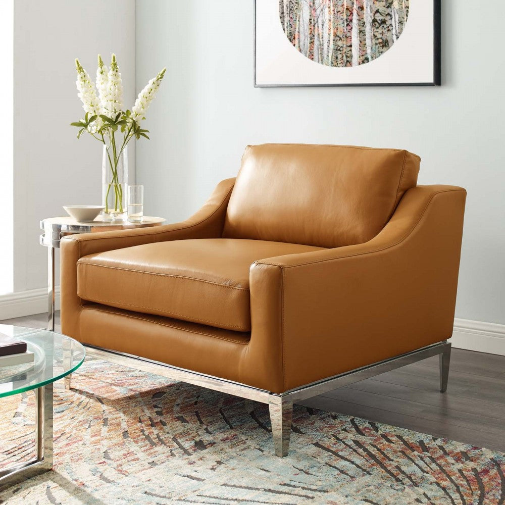 Harness Stainless Steel Base Leather Armchair, Tan