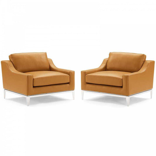 Harness Stainless Steel Base Leather Armchair Set of 2, Tan
