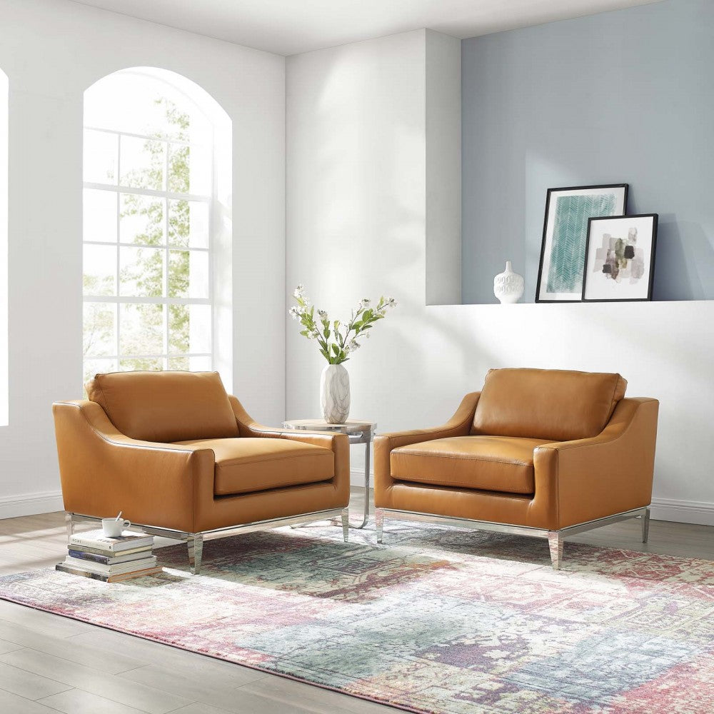 Harness Stainless Steel Base Leather Armchair Set of 2, Tan
