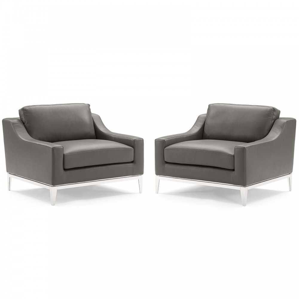 Harness Stainless Steel Base Leather Armchair Set of 2, Gray