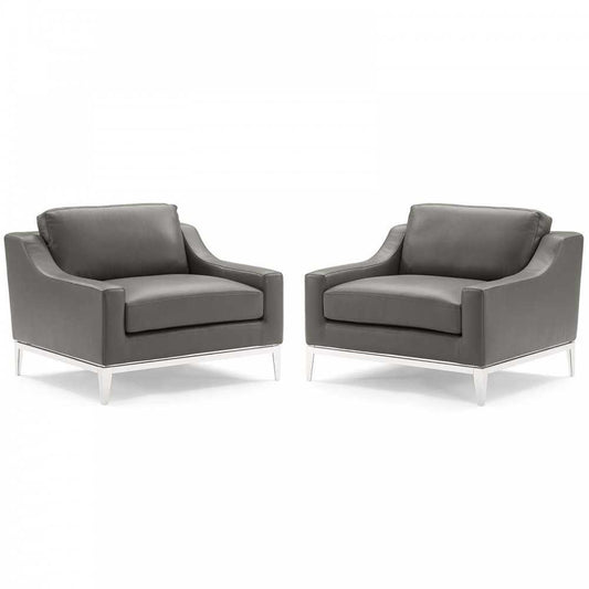 Harness Stainless Steel Base Leather Armchair Set of 2, Gray