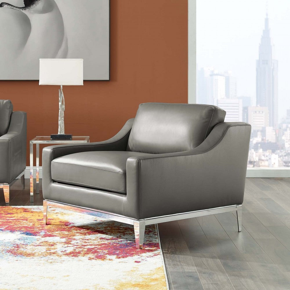 Harness Stainless Steel Base Leather Armchair, Gray