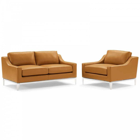 Harness Stainless Steel Base Leather Loveseat & Armchair Set, Tan