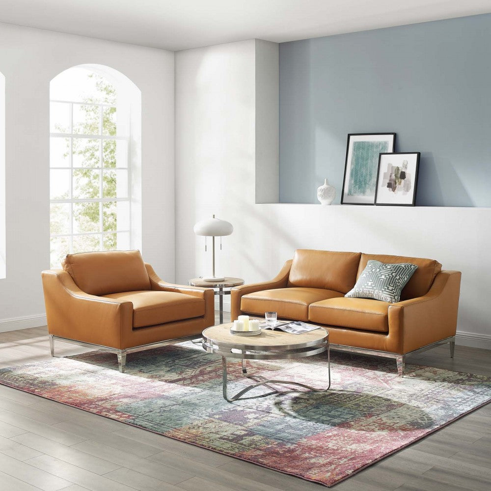 Harness Stainless Steel Base Leather Loveseat & Armchair Set, Tan