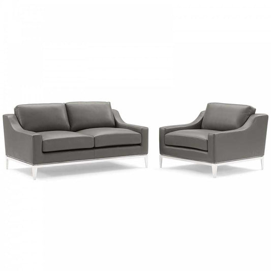 Harness Stainless Steel Base Leather Loveseat & Armchair Set, Gray