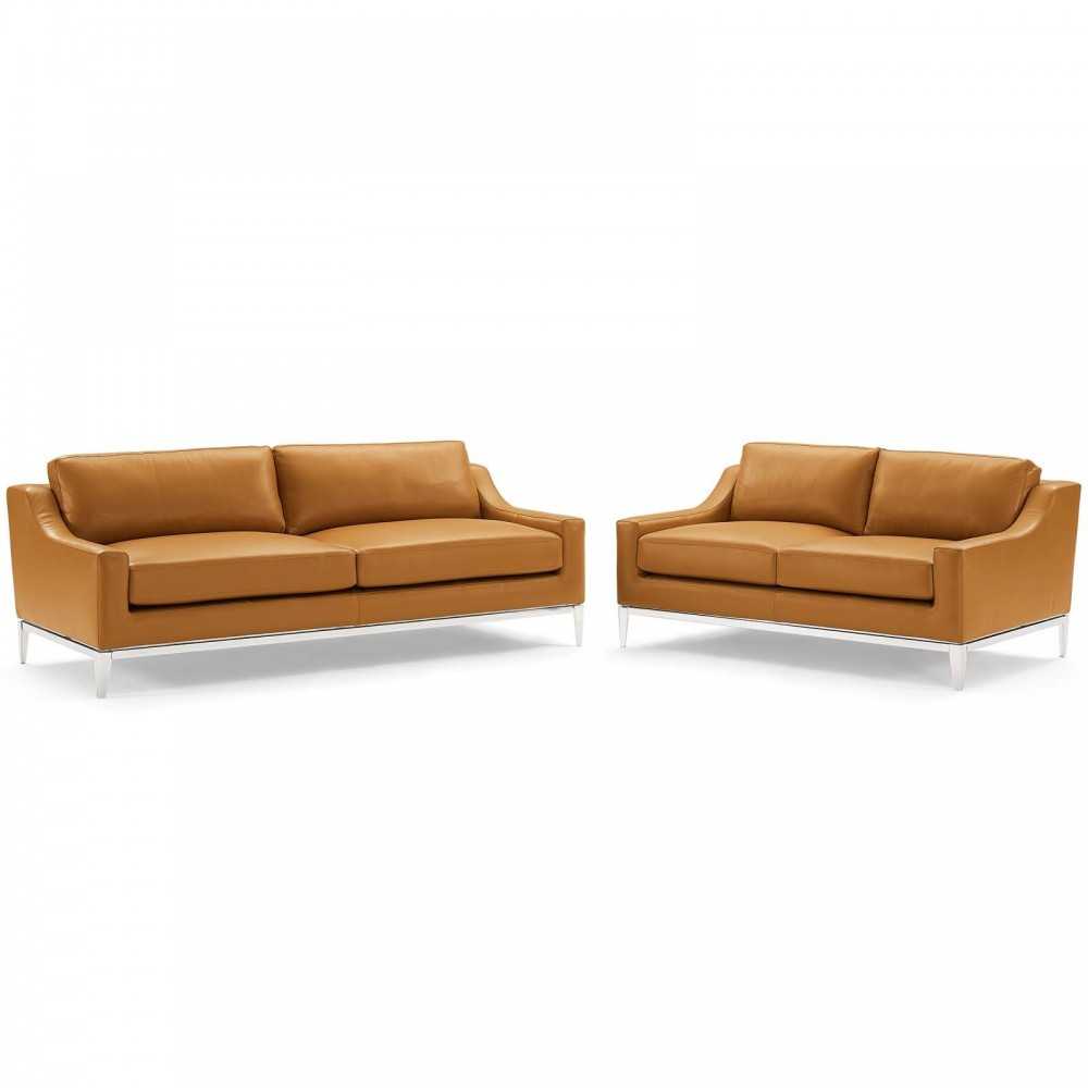 Harness Stainless Steel Base Leather Sofa and Loveseat Set, Tan
