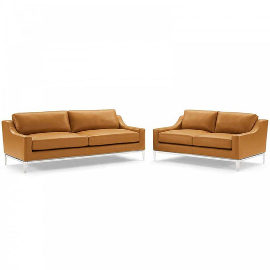 Harness Stainless Steel Base Leather Sofa and Loveseat Set, Tan