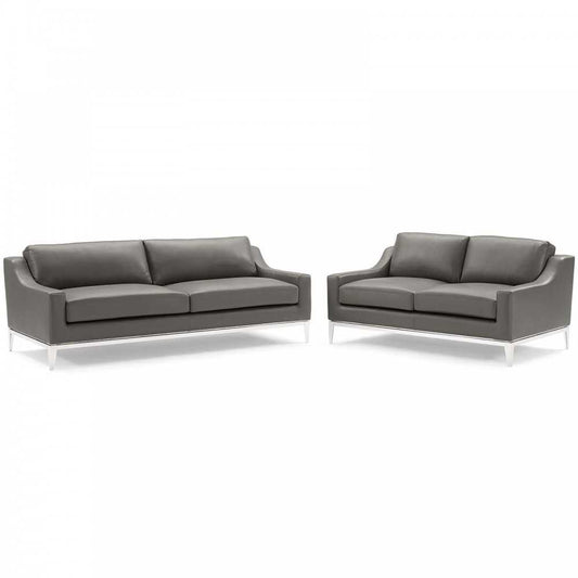 Harness Stainless Steel Base Leather Sofa and Loveseat Set, Gray