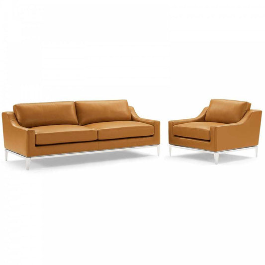 Harness Stainless Steel Base Leather Sofa & Armchair Set, Tan
