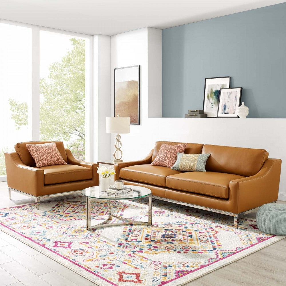 Harness Stainless Steel Base Leather Sofa & Armchair Set, Tan