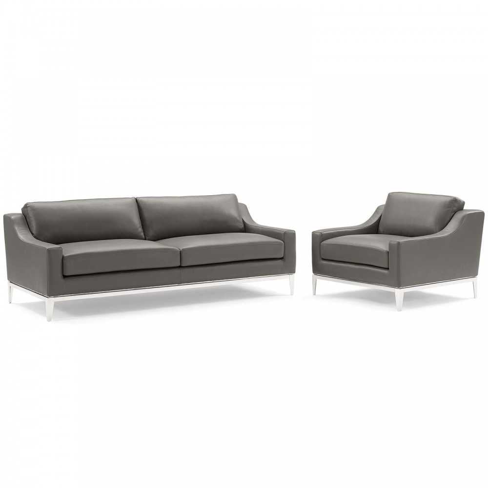 Harness Stainless Steel Base Leather Sofa & Armchair Set, Gray