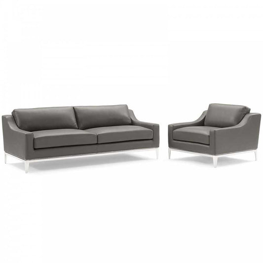 Harness Stainless Steel Base Leather Sofa & Armchair Set, Gray