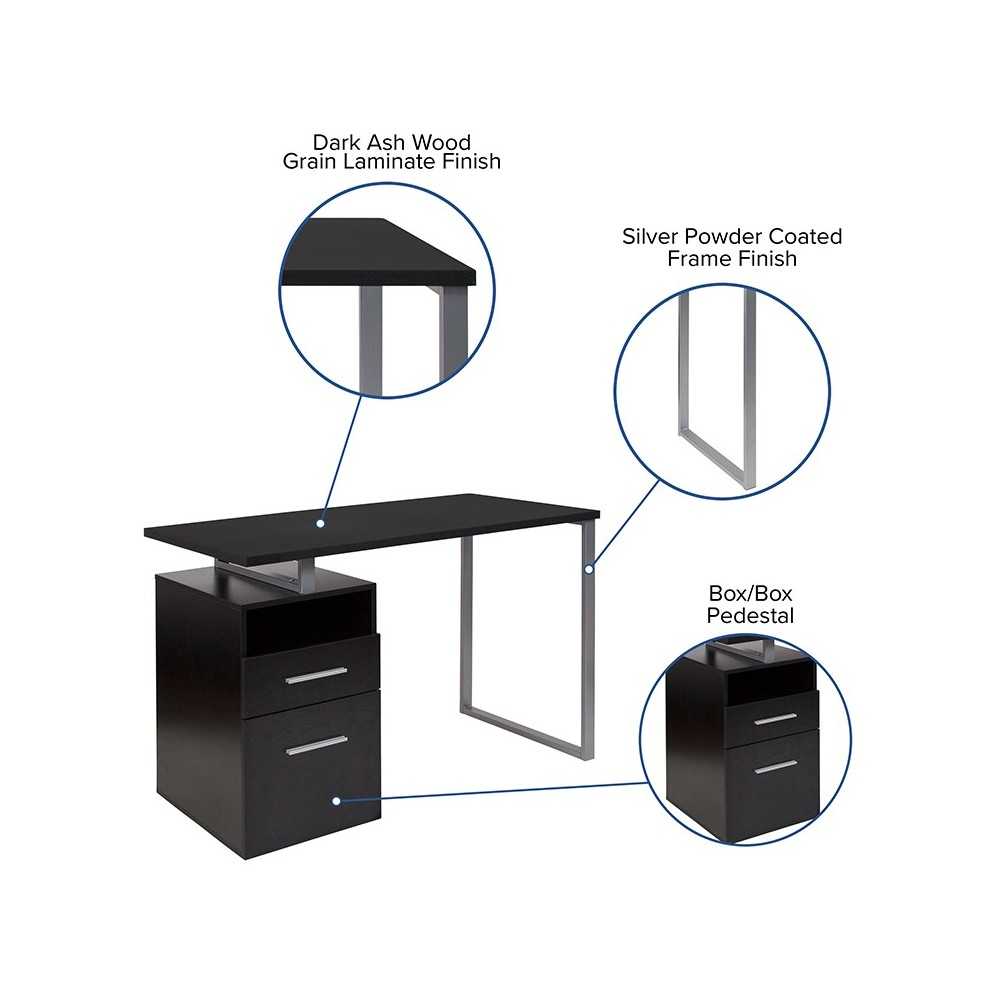 Harwood Dark Ash Wood Grain Finish Computer Desk with Two Drawers and Silver Metal Frame