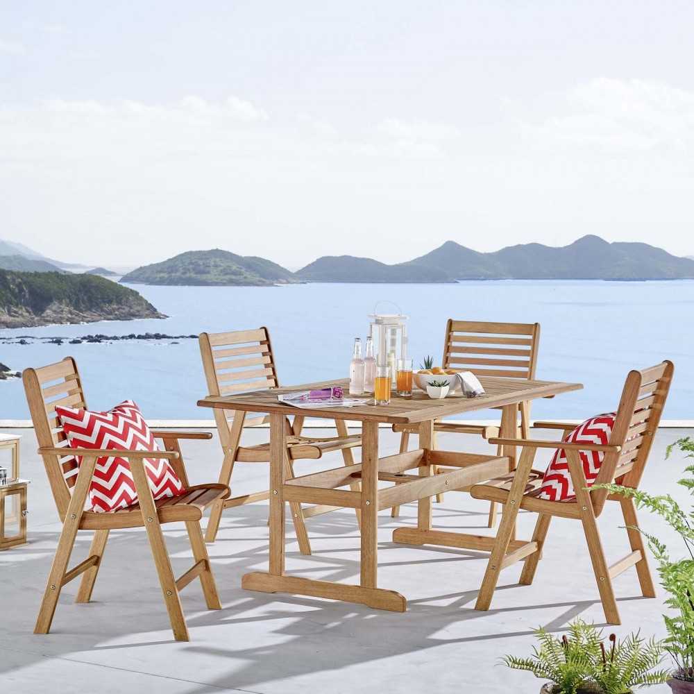 Hatteras 5 Piece Outdoor Patio Eucalyptus Wood Dining Set, Natural, EEI-3754-NAT-SET