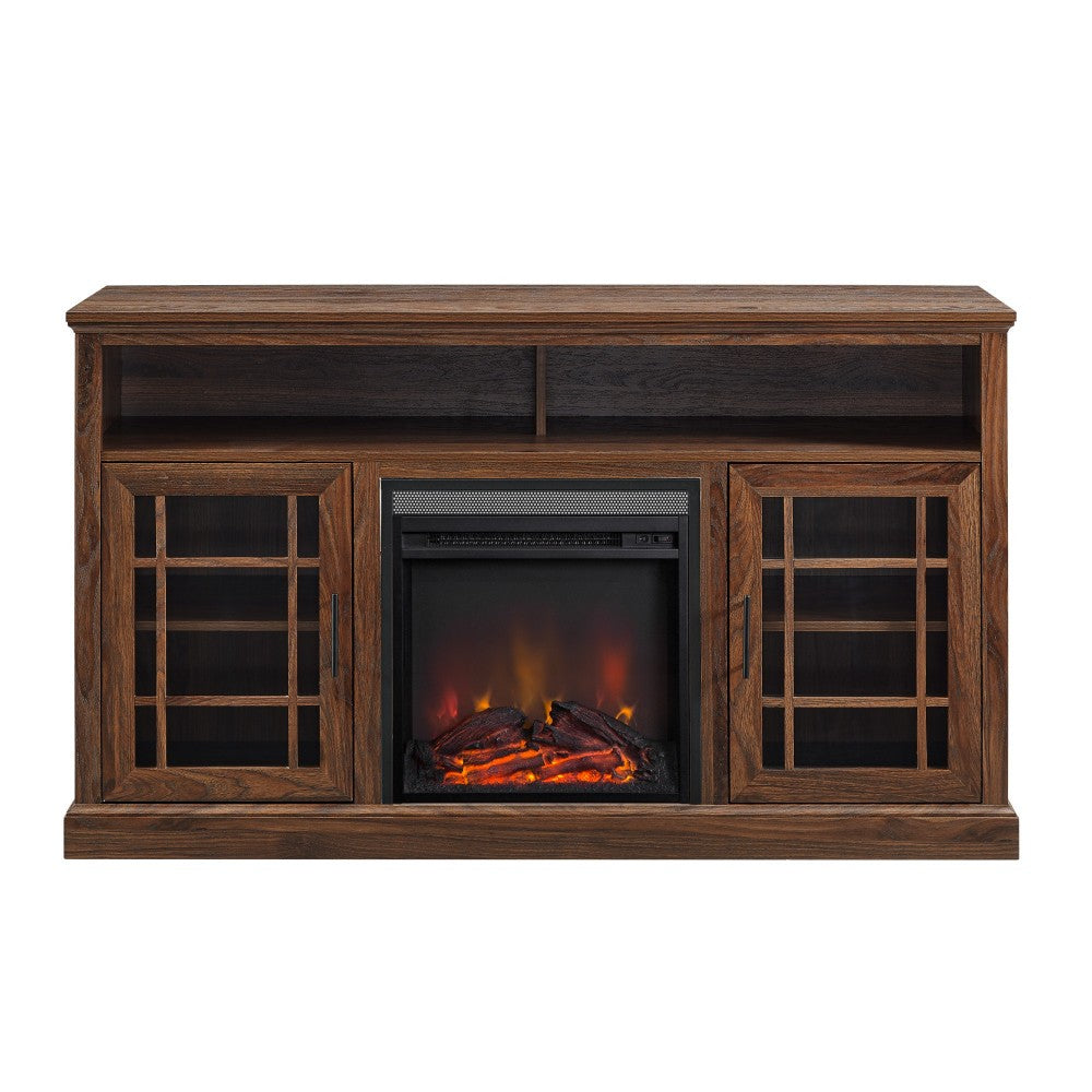 Hazel 58" Classic Glass Door Highboy Fireplace TV Stand - Dark Walnut