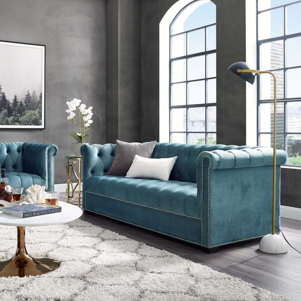 Heritage Performance Velvet Sofa, Sea Blue