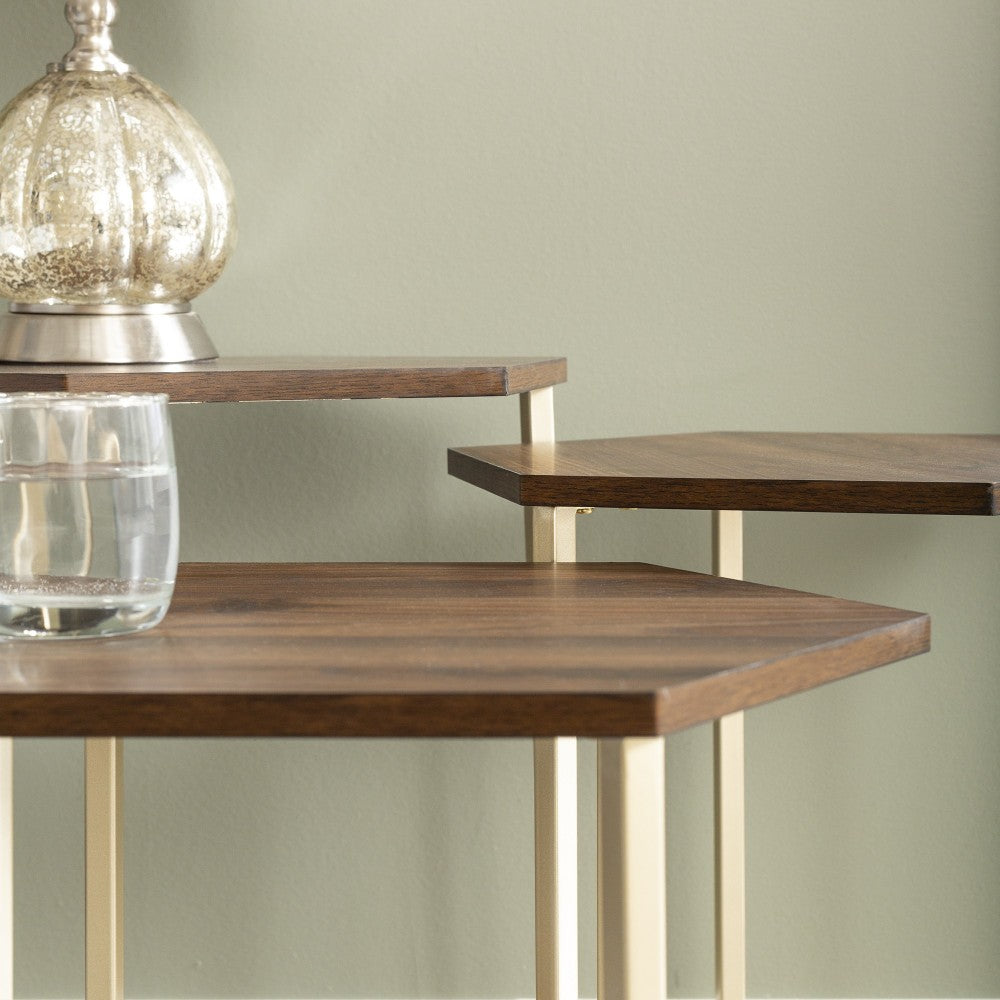 Hexagon Modern Wood Nesting Tables, Set of 3 - Dark Walnut/Gold