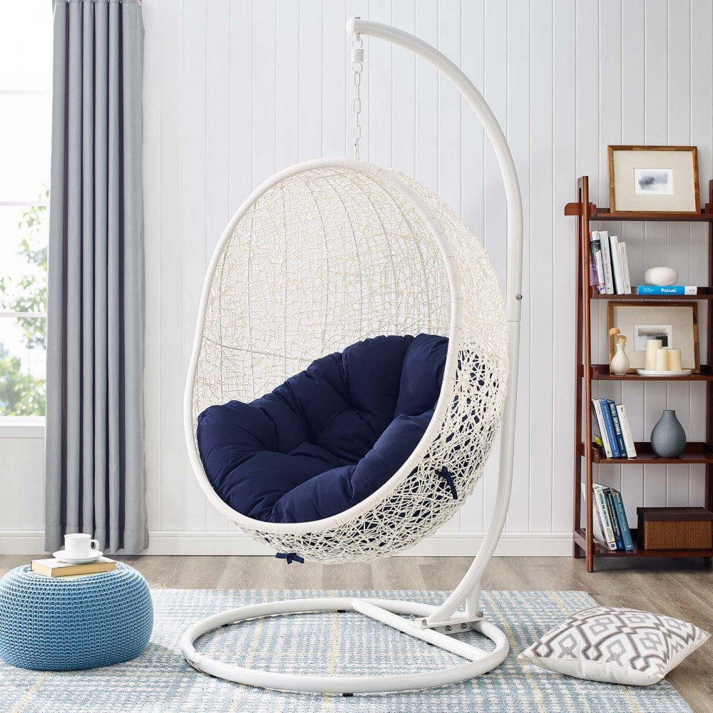 Hide Outdoor Patio Sunbrella Swing Chair With Stand, White Navy