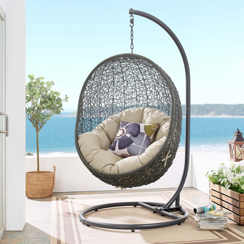 Hide Outdoor Patio Sunbrella Swing Chair With Stand, Gray Beige