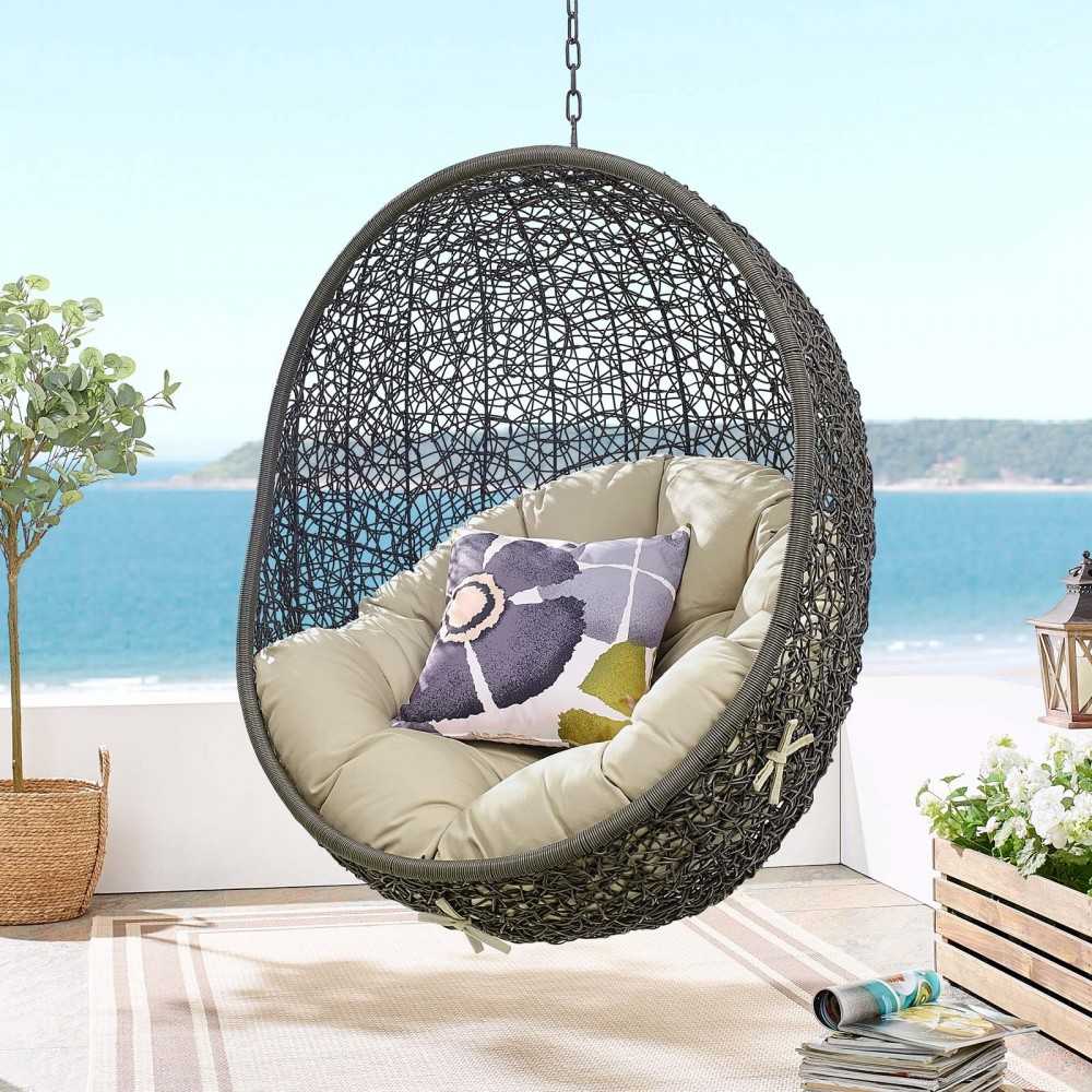 Hide Outdoor Patio Sunbrella Swing Chair With Stand, Gray Beige